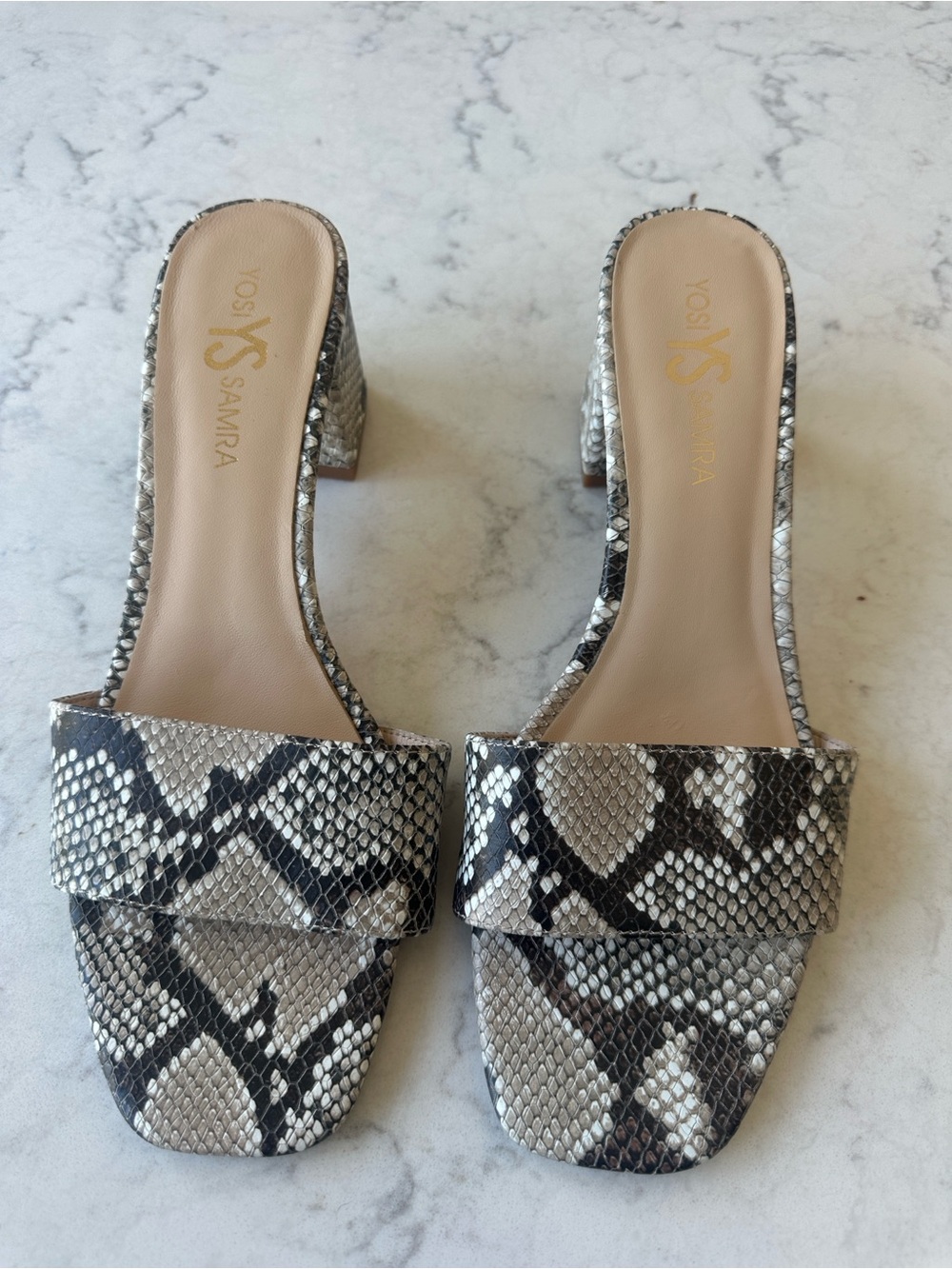 Women's Snake-Skin Print Block Heel Slide - Beige/Charcoal/White, Size 9